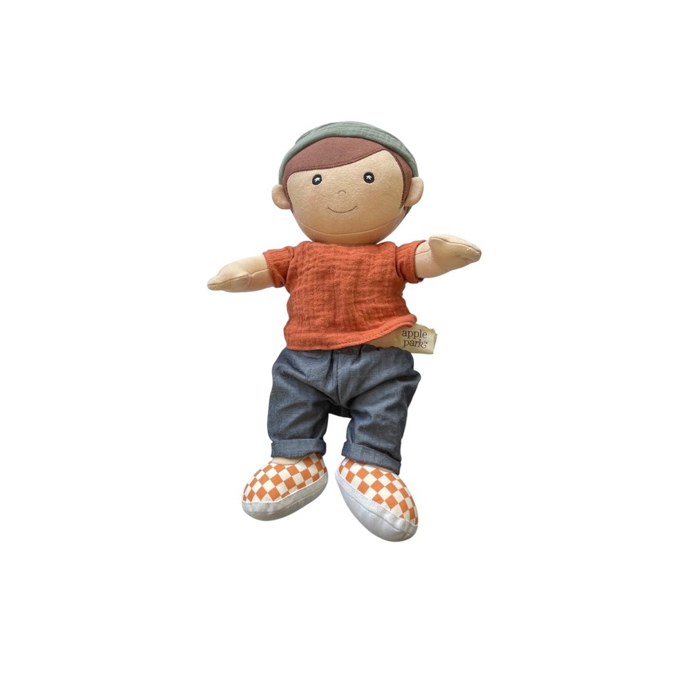 Apple Park Organic Cotton Boy Doll Orange Shirt Denim Pants Beanie Plush I01